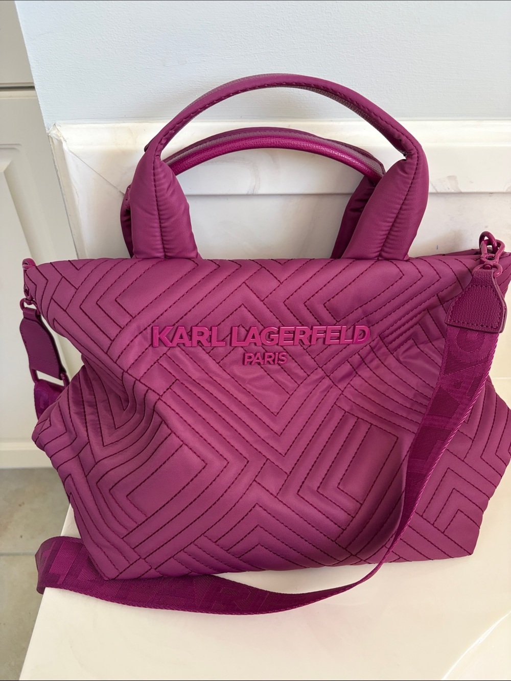 Karl Lagerfeld Quilted Magenta Tote Bag with Detachable Strap